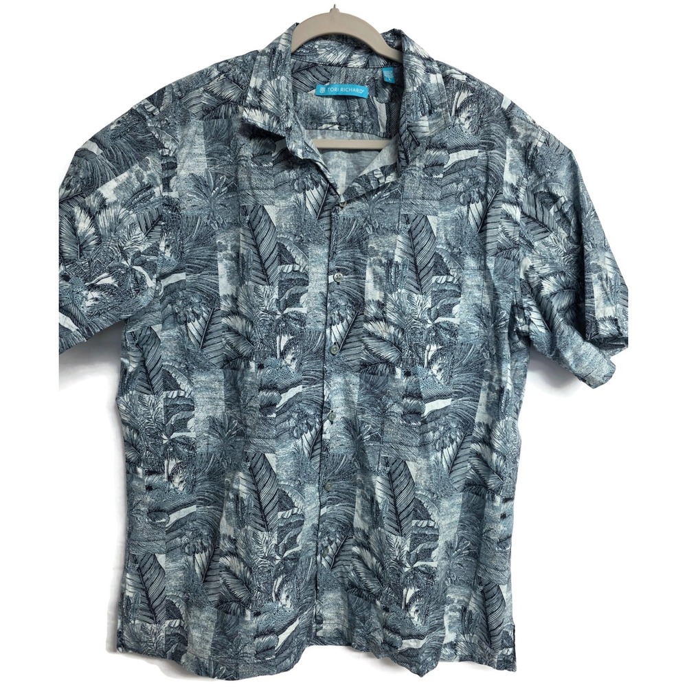 Tori Richard Mens Blue White Tropical Palm Cotton Lawn Aloha Shirt L 1956-MQ05